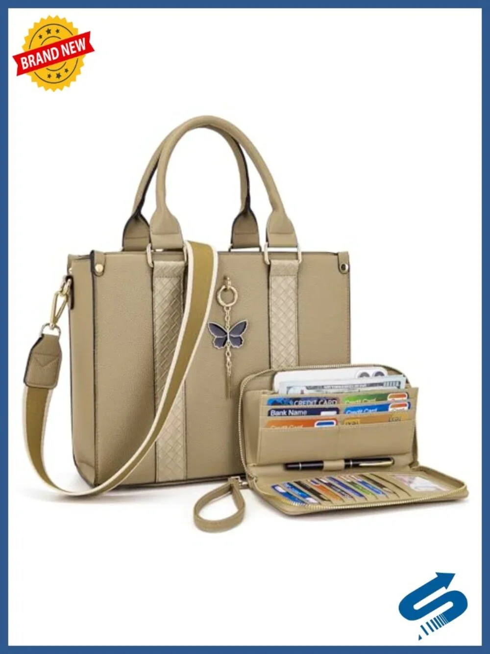 Faux Leather Tote Bag and Matching Wallet Set with Butterfly Pendant, RFID